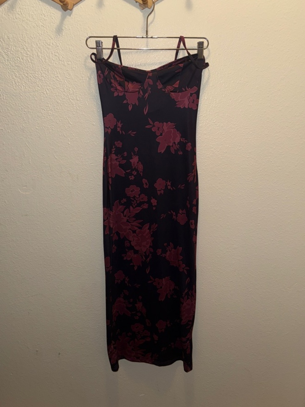 Black Slip Dress with Dark Red Floral Print